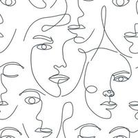 Vector seamless pattern with women faces continuous Line art