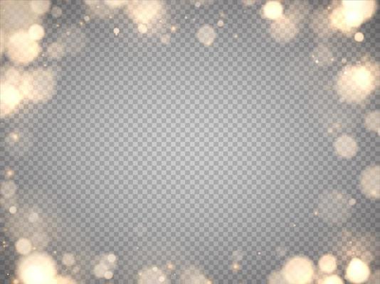 Golden bokeh lights with glowing particles isolated.
