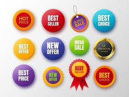 colección de insignias promocionales. insignias de diferentes colores y formas aisladas en blanco. nueva oferta, mejor opción, mejor precio y etiquetas premium. vector
