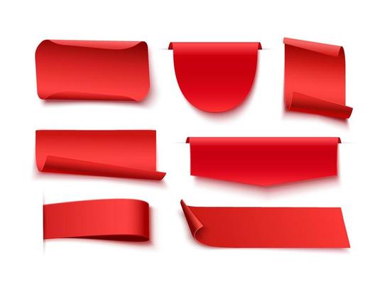 Set Of Blank Red Ribbons, Tags, Badges, And Labels Isolated.