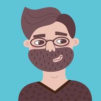 Portrait of smiling adult casual man. Vector flat illustration of a hipster with a brown beard. Happy smiling person with positive emotions on blue background. Ordinary man with glasses.