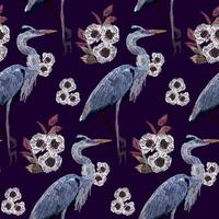 Cranes seamless pattern. Flowers and birds on a dark background. vector