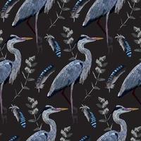 Cranes seamless pattern. Flowers and birds on a dark background. vector