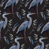 Cranes seamless pattern. Flowers and birds on a dark background. vector