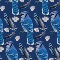 Blue jay and feathers seamless pattern. vector