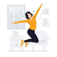 mujer feliz entusiasta saltando con alegría ilustración del concepto vector