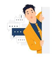 Cheerful Young Businessman standing behind a wall while peeking with curiosity, startled, shocked, Surprised, peeping, listening, discovery and Pay attention concept illustration vector