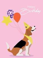 beagle with a yellow bandana, balloons and a cap with stars. Happy birthday card with funny beagle. Inflatable balls on a pink background. Puppy party. vector