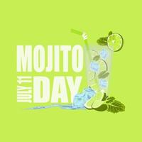 National Mojito Day July11 Poster. Glass of mojito with lime, mint, ice vector design.