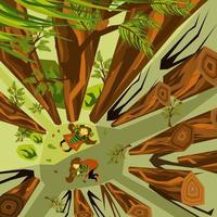 ilustración vectorial conceptual sobre la importancia de la conservación de los bosques. chica vestida al estilo boho yace en el suelo en un bosque de pinos vector