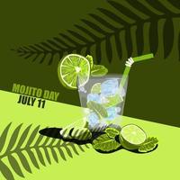 National Mojito Day July11 Poster. Glass of mojito with lime, mint, ice vector design.