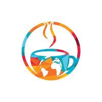 Creative Coffee cup with globe map vector logo design template.