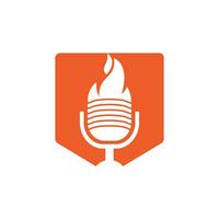 Fire Podcast logo design template. Flame fire podcast mic logo vector icon illustration.