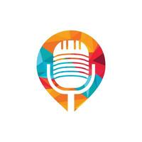 Podcast and map pin logo design. Studio table microphone with broadcast icon design. vector