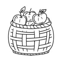 manzanas maduras en cesta de mimbre. ilustración vectorial aislado sobre fondo blanco. cosecha otoñal de manzanas orgánicas. dibujado a mano. estilo garabato. vector