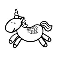 Funny unicorn in childish hand drawn doodle style. Vector illustration isolated on white. Magical animal. Coloring page book.