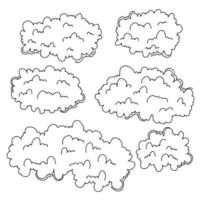 Collection of hand drawn clouds in doodle style. Hand draw weather icons set. Vector illustration isolated on white background.