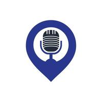 Podcast and map pin logo design. Studio table microphone with broadcast icon design. vector