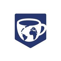 Creative Coffee cup with globe map vector logo design template.