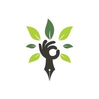 seguro de educación y concepto de logotipo de apoyo. logotipo de icono de pluma y árbol de mano. vector