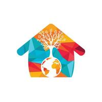 Globe tree with home vector logo design template. Planet and eco symbol or icon.