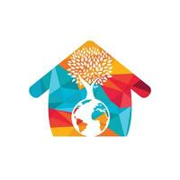 Globe tree with home vector logo design template. Planet and eco symbol or icon.