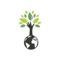Globe and hand tree vector logo design. Ecology and sustainable concept.