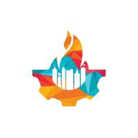 plantilla de diseño de logotipo de vector de ciudad de fuego. edificios y fuego con diseño de icono de rueda dentada.