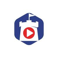 Vector button play and castle logo combination. Record and tower symbol or icon.