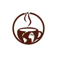 Creative Coffee cup with globe map vector logo design template.