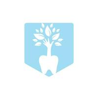 Dental care vector logo template. Teeth and hand tree icon design.