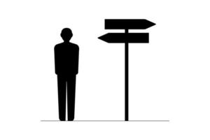 Icon of a Man standing at a crossroads with directional sign arrows in opposite way. Choice, career path or decision concept. Flat Vector illustration
