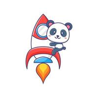 lindo bebé panda montando cohete ilustración de dibujos animados aislado adecuado para pegatina, pancarta, afiche, empaque, portada de libro para niños. vector