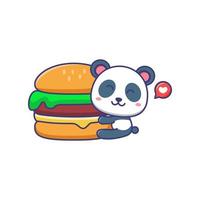 lindo bebé panda con ilustración de dibujos animados de hamburguesas aislado adecuado para pegatina, pancarta, afiche, empaque, portada de libro para niños. vector