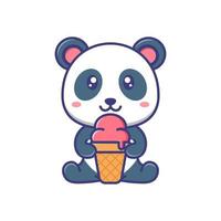 lindo bebé panda con ilustración de dibujos animados de helado aislado adecuado para pegatina, pancarta, afiche, empaque, portada de libro para niños. vector