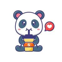 lindo bebé panda bebe una taza de café ilustración de dibujos animados aislado adecuado para pegatina, pancarta, afiche, embalaje, portada de libros para niños vector