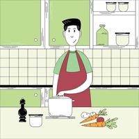 The girl is cooking in the kitchen. Kitchen interior. Flat cartoon doodle vector. Vector illustration