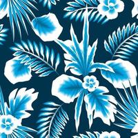 Trend abstract seamless pattern with blue monochromatic style tropical leaves and plants on dark background. Vector design. Jungle print. Floral background. Printing and textiles. Exotic. Summer