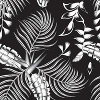 black and white vintage color tropical heliconia flowers seamless pattern with monochromatic banana palm leaves and foliage on dark background. Jungle vector floral wallpaper. Exotic tropics. Summer