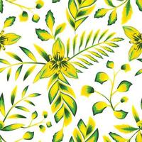 green yellow tropical fern leaves seamless pattern with colorful abstract flowers plants and foliage on white background. nature wallpaper. vector design decorative. fashionable print texture. summer