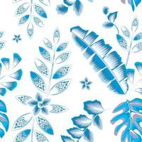 El plátano tropical azul cielo deja un diseño vectorial de moda de patrones sin fisuras con follaje de plantas monstera y flor abstracta sobre fondo blanco. fondo floral. trópicos exóticos. diseño de impresión de verano vector
