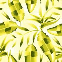 diseño vectorial de fondo beige con hermosas hojas de plátano de color verde plantas tropicales y follaje de patrones sin fisuras. adecuado para tela de camisa o textura impresa. papel pintado de la naturaleza. diseño exótico de verano vector