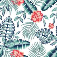 Floral seamless pattern. Hand drawn red large flower . Flower silhouettes. blue monochromatic Botanical seamless background with bananna palm leaves plants. Summer garden print texture. fashionable vector