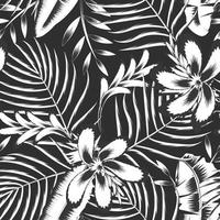 exóticas hojas de palmeras tropicales vintage sin costuras con hoja de plátano y flor de hibisco abstracta en un estilo de color monocromático sobre fondo oscuro. textura de moda. diseño de estampado de verano. decoración vector