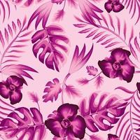 monochromatic pink Flower and leaves tropical exotic seamless pattern colorful fabric texture print repeated. Exotic monstera fern leaf elements, palm foliage and branches on light background. summer vector
