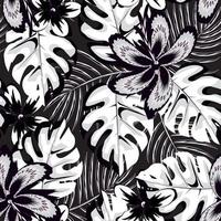 exotic vintage tropical monstera plants seamless pattern with palm leaf and abstract hibiscus flower in black white color on night background. fashionable texture. Summer print design. decorative vector