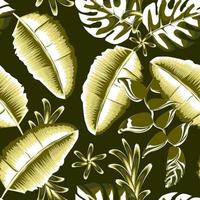 las plantas de plátano de color verde claro dejan un patrón sin costuras con hojas de monstera tropical y flores de heliconia en el fondo nocturno. diseño vectorial textura de impresión de moda. trópico exótico. Arte vector