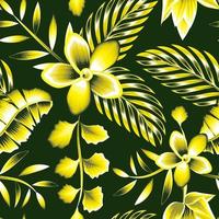 las plantas de la selva tropical abstracta monocromática amarilla vintage dejan un patrón sin costuras con hojas de palma de plátano tropical y flores de frangipani sobre fondo oscuro. fondo floral. diseño exótico de verano vector