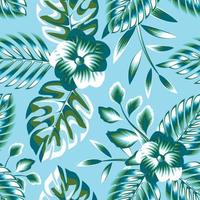 sky blue background vector design with fashionable tropical monstera palm leaves and plants foliage flower drawing. monochromatic stylish illustration. print texture. nature wallpaper. Exotic tropics
