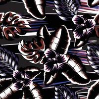 dark abstract wave background illustration vector design with tropical monstera palm leaves, banana leaf and abstract flower seamless patern. fashionable texture. Floral background. Exotic Summer